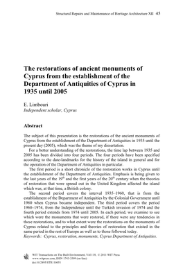 The Restorations of Ancient Monuments of Cyprus from the Establishment of the Department of Antiquities of Cyprus in 1935 Until 2005