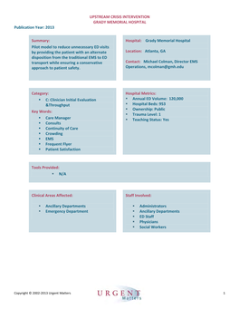 UPSTREAM CRISIS INTERVENTION GRADY MEMORIAL HOSPITAL Publication Year: 2013