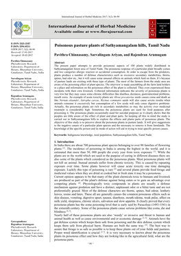 Poisonous Pasture Plants of Sathyamangalam Hills, Tamil Nadu