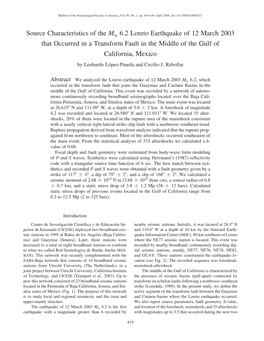 Source Characteristics of the Mw 6.2 Loreto Earthquake of 12 March 2003 That Occurred in a Transform Fault in the Middle Of