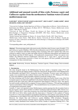 Additonal and Unusual Records of Bleu Crabs Portunus Segnis and Callinectes Sapidus from the Northeastern Tunisian Waters (Central Mediterranean Sea)