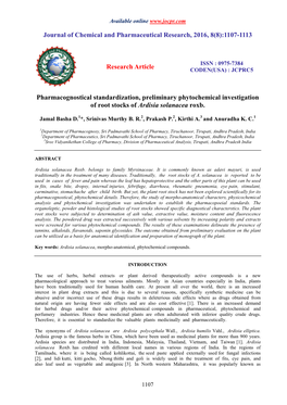 Pharmacognostical Standardization, Preliminary Phytochemical Investigation of Root Stocks of Ardisia Solanacea Roxb