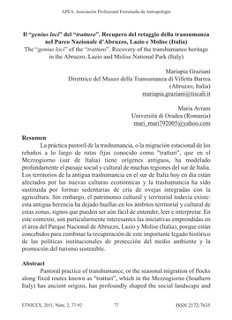 Il “Genius Loci” Del “Tratturo”. Recupero Del Retaggio Della Transumanza Nel Parco Nazionale D’Abruzzo, Lazio E Molise (Italia) the “Genius Loci” of the “Tratturo”