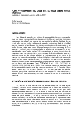 FLORA Y VEGETACIÓN DEL VALLE DEL CAMPILLO (SIETE AGUAS, VALENCIA) (Artículo En Elaboración, Versión a 12.12.2008)