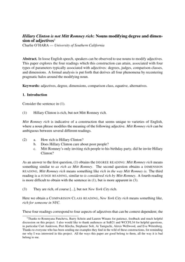 Hillary Clinton Is Not Mitt Romney Rich: Nouns Modifying Degree and Dimen- Sion of Adjectives1 Charlie O’HARA — University of Southern California