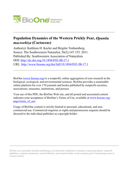 Population Dynamics of the Western Prickly Pear, Opuntia Macrorhiza (Cactaceae) Author(S): Kathleen H