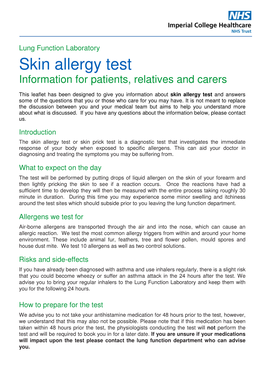 Skin Allergy Test Information for Patients, Relatives and Carers