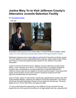 Justice Mary Yu to Visit Jefferson County's Alternative Juvenile