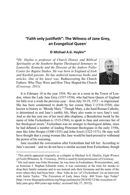 “Faith Only Justifieth”: the Witness of Jane Grey, an Evangelical Queen1