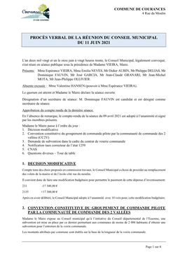 Procès Verbal De La Réunion Du Conseil Municipal Du 11 Juin 2021