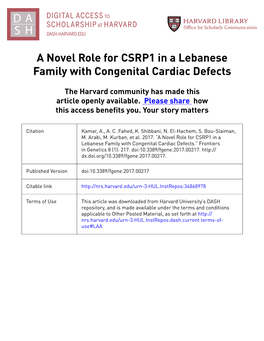 A Novel Role for CSRP1 in a Lebanese Family with Congenital Cardiac Defects