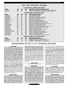 Biographies on Usc's 2003 Football Recruits 2003 Usc