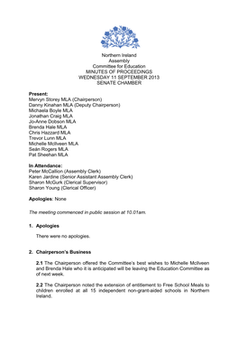 Northern Ireland Assembly Committee for Education MINUTES of PROCEEDINGS WEDNESDAY 11 SEPTEMBER 2013 SENATE CHAMBER