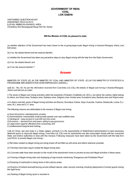 ANSWERED ON:03.03.2010 ILLEGAL MINING in ASANSOL AREA Chowdhury Shri Bansagopal;Haque Shri Sk