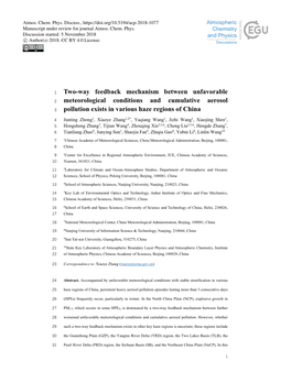 Two-Way Feedback Mechanism Between Unfavorable 2 Meteorological Conditions and Cumulative Aerosol 3 Pollution Exists in Various Haze Regions of China