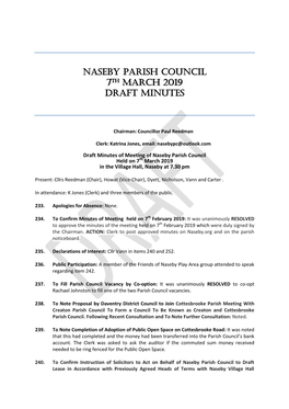 NASEBY Parish Council 7TH MARCH 2019 DRAFT Minutes