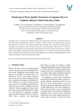 Monitoring of Water Quality Parameters in Uppanar River of Cuddalore District, Tamil Nadu State, India