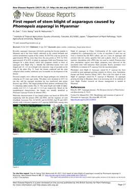 First Report of Stem Blight of Asparagus Caused by Phomopsis Asparagi in Myanmar