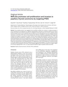 Original Article Mir-23A Promotes Cell Proliferation and Invasion in Papillary Thyroid Carcinoma by Targeting PTEN