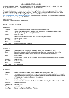 Mid Sussex District Council List of Planning Applications Registered Between 05 Mar 2020 and 11 Mar 2020 for Publication in the Local Press Week Ending 20 Mar 2020