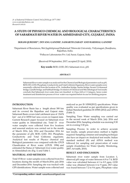 A Study of Physico Chemical and Biological Characteristics of Sabarmati River Water in Ahmedabad City, Gujarat, India