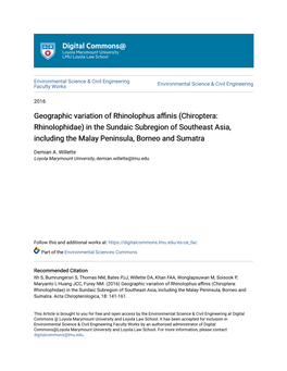 Geographic Variation of Rhinolophus Affinis (Chiroptera: Rhinolophidae) in the Sundaic Subregion of Southeast Asia, Including the Malay Peninsula, Borneo and Sumatra