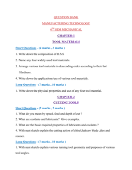 QUESTION BANK MANUFACTURING TECHNOLOGY 4 SEM MECHANICAL Short Questions