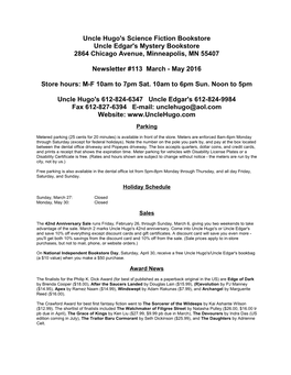 Uncle Hugo's Science Fiction Bookstore Uncle Edgar's Mystery Bookstore 2864 Chicago Avenue, Minneapolis, MN 55407 Newsletter