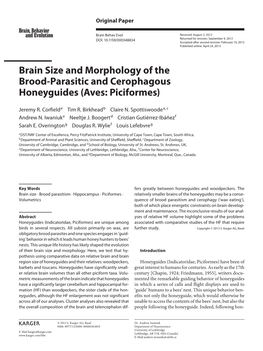 Brain Size and Morphology of the Brood-Parasitic and Cerophagous Honeyguides (Aves: Piciformes)
