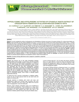 Hypoglycemic and Hypolipidemic Activities of Ethanolic Roots Extract of Crossopteryx Febrifuga in Alloxan-Induced Diabetic Rats A.O