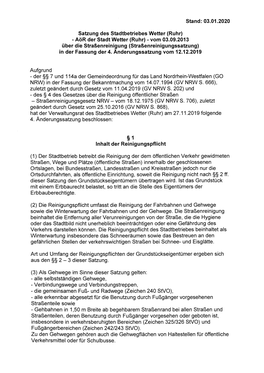 Stand: 03.01.2020 Satzung Des Stadtbetriebes Wetter (Ruhr) Aör Der Stadt Wetter (Ruhr)