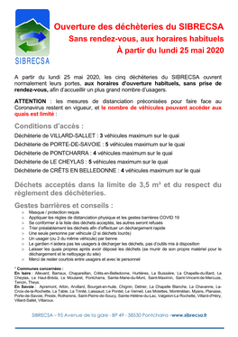 Ouverture Des Déchèteries Du SIBRECSA Sans Rendez-Vous, Aux Horaires Habituels À Partir Du Lundi 25 Mai 2020