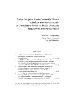 Index Časopisu Studia Orientalia Slovaca Ročníkov 1–10 (2002–2011) · a Cumulative Index to Studia Orientalia Slovaca Vols 1–10 (2002–2011)