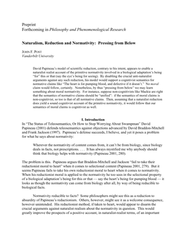 Preprint Forthcoming in Philosophy and Phenomenological Research Naturalism, Reduction and Normativity: Pressing from Below