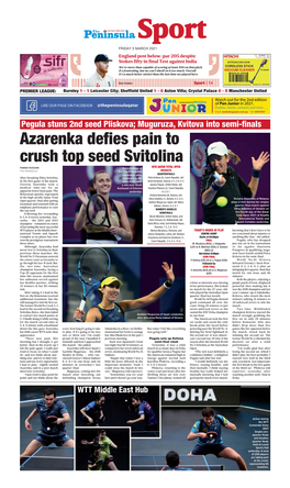 Azarenka Defies Pain to Crush Top Seed Svitolina