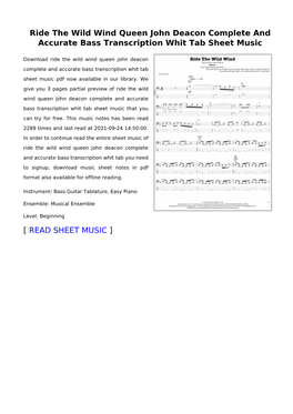 Ride the Wild Wind Queen John Deacon Complete and Accurate Bass Transcription Whit Tab Sheet Music