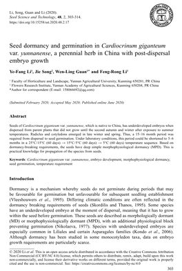 Seed Dormancy and Germination in &lt;I&gt;Cardiocrinum Giganteum&lt;/I&gt;