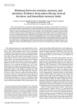 Evidence from Taboo Stroop, Lexical Decision, and Immediate Memory Tasks