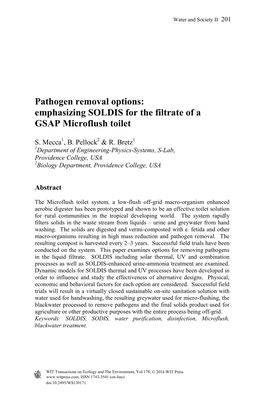 Pathogen Removal Options: Emphasizing SOLDIS for the Filtrate of a GSAP Microflush Toilet