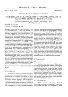 Synthesis and Characterization of Cyanate Ester and Its Blends With