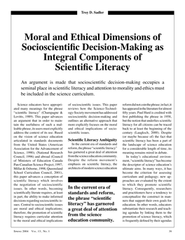 Moral and Ethical Dimensions of Socioscientific Decision-Making As