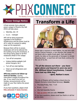 Transform a Life a Final Reminder That a Planned Power Outage to Phoenix City Hall (PCH) Will Take Place