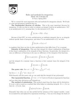 Rules and Methods for Integration Math 121 Calculus II D Joyce, Spring 2013