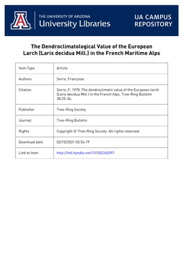 The Dendroclimatological Value of the European Larch (Larix Decidua Mill.) in the French Maritime Alps