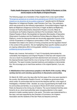 Public Health Emergency in the Context of the COVID-19 Pandemic in Chile and Its Impact on the Rights of Original Peoples