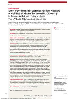 Effect of Evolocumab Or Ezetimibe Added to Moderate