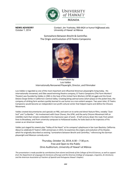 Somewhere Between Brecht & Cantinflas the Origin and Evolution of El Teatro Campesino Thursday, October 16, 2014, 6:30