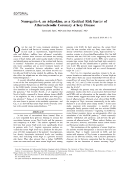 Neuregulin-4, an Adipokine, As a Residual Risk Factor of Atherosclerotic Coronary Artery Disease