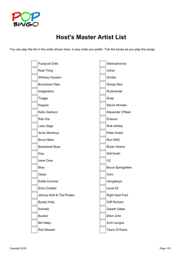 Host's Master Artist List