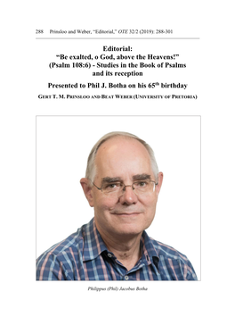 Editorial: “Be Exalted, O God, Above the Heavens!” (Psalm 108:6) - Studies in the Book of Psalms and Its Reception Presented to Phil J